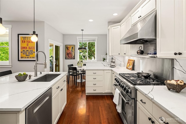 5102 S Frontenac St, Seattle, WA 98118 - kitchen featuring under cabinet range hood, appliances with stainless steel finishes, a sink, dark wood finished floors, and recessed lighting