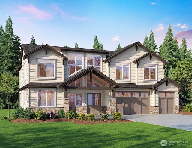 12925 NE 70th Ln, Kirkland, WA 98033 - view of front of house with stone siding, an attached garage, concrete driveway, and a front yard