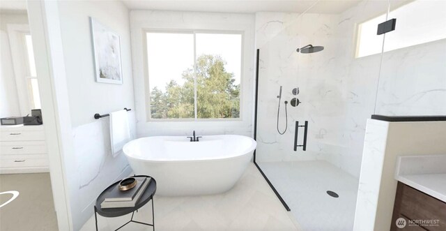 12925 NE 70th Ln, Kirkland, WA 98033 - bathroom featuring a marble finish shower, a freestanding tub, and vanity