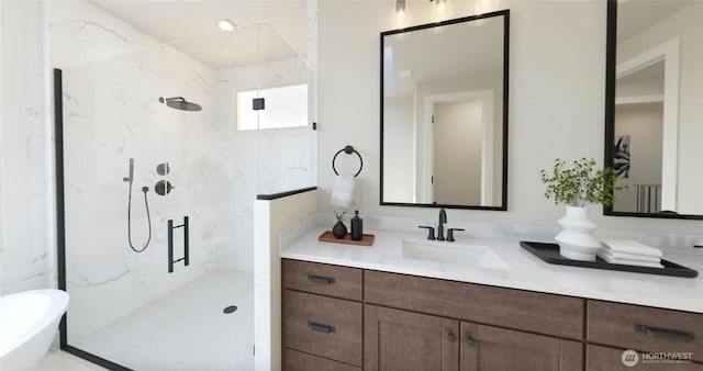 12925 NE 70th Ln, Kirkland, WA 98033 - bathroom with a marble finish shower, vanity, and a soaking tub