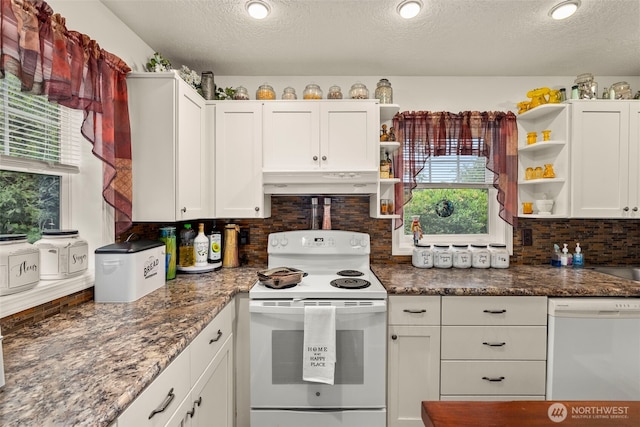 1656 Bishop Rd, Chehalis, WA 98532 - kitchen with white appliances, open shelves, under cabinet range hood, a textured ceiling, and healthy amount of natural light