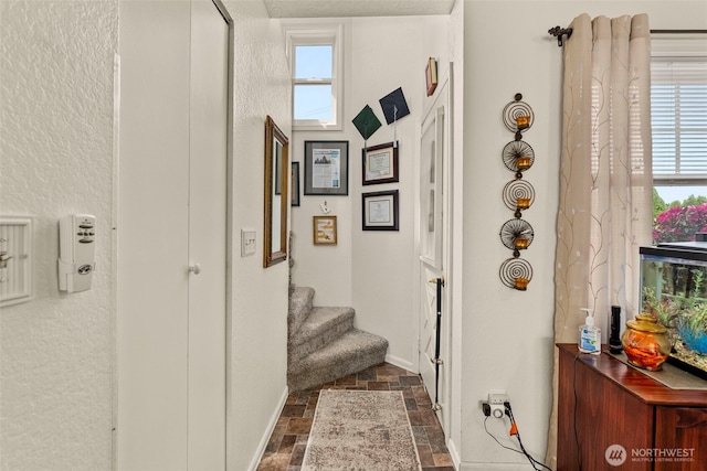 1656 Bishop Rd, Chehalis, WA 98532 - hall featuring dark stone finish flooring, stairs, baseboards, and a textured wall