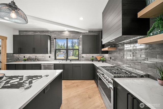 91 Pebble Beach Dr, Cle Elum, WA 98922 - kitchen featuring appliances with stainless steel finishes, open shelves, custom range hood, tasteful backsplash, and decorative light fixtures