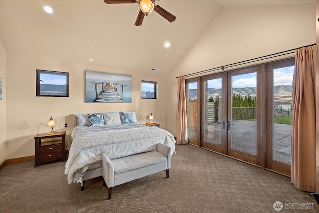 510 Lakeside Way SW, Mattawa, WA 99349 - bedroom with access to exterior, carpet floors, high vaulted ceiling, recessed lighting, and baseboards