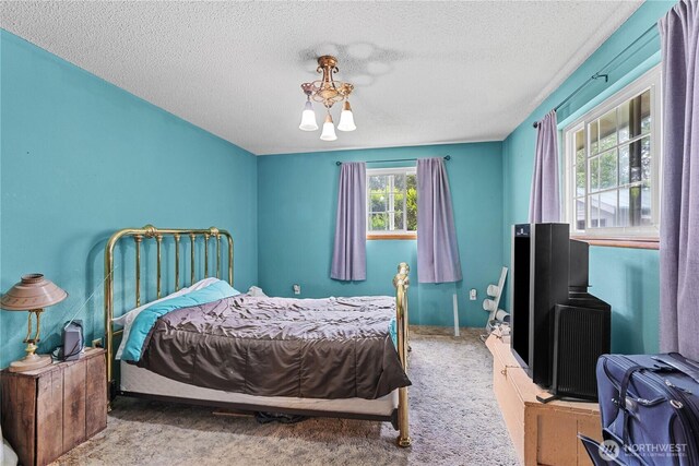 9712 126th St E, Puyallup, WA 98373 - carpeted bedroom featuring a textured ceiling and a chandelier