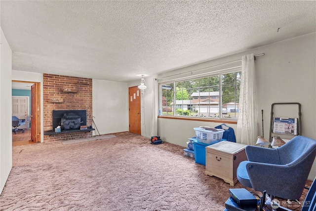 9712 126th St E, Puyallup, WA 98373 - sitting room featuring a fireplace, a textured ceiling, and carpet flooring