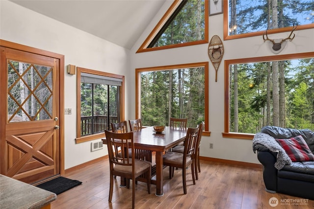 760 Rodeo Rd, Cle Elum, WA 98922 - dining area featuring high vaulted ceiling, hardwood / wood-style floors, and baseboards