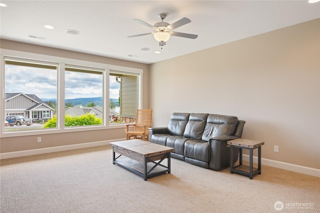 15 Cabana Dr, Silverlake, WA 98645 - living area featuring light colored carpet, ceiling fan, baseboards, and recessed lighting