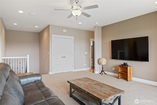 15 Cabana Dr, Silverlake, WA 98645 - living room with carpet floors, a ceiling fan, baseboards, and recessed lighting