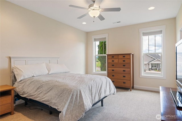 15 Cabana Dr, Silverlake, WA 98645 - bedroom featuring light colored carpet, baseboards, recessed lighting, and a ceiling fan