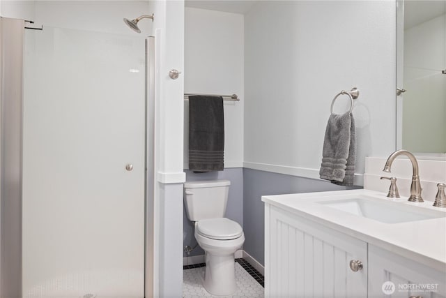 15 Cabana Dr, Silverlake, WA 98645 - bathroom with a stall shower, vanity, toilet, and tile patterned flooring