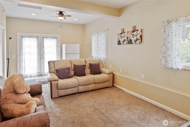 2018 S 253rd St, Des Moines, WA 98198 - living area featuring ceiling fan, healthy amount of natural light, carpet flooring, and recessed lighting