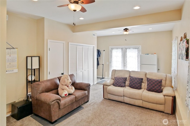 2018 S 253rd St, Des Moines, WA 98198 - living room featuring ceiling fan, carpet, recessed lighting, and french doors