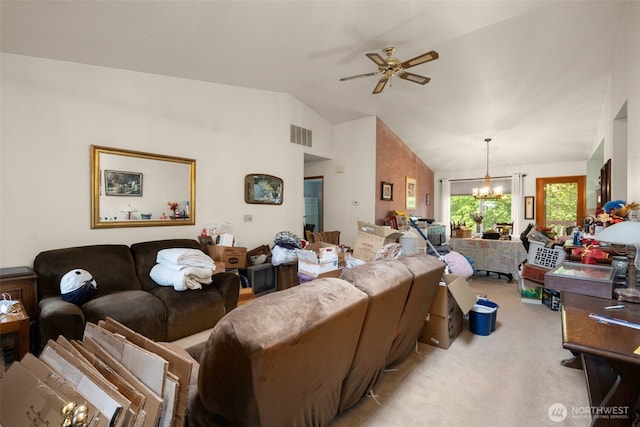 26603 199th Pl SE, Covington, WA 98042 - living room featuring a chandelier, light carpet, a ceiling fan, and vaulted ceiling