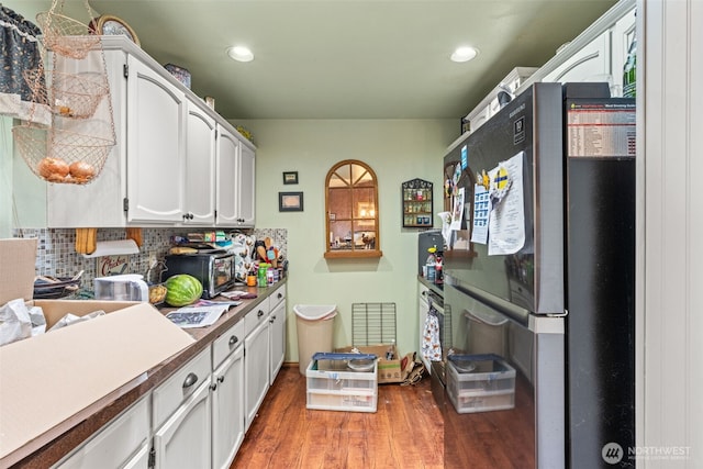 26603 199th Pl SE, Covington, WA 98042 - kitchen featuring freestanding refrigerator, wood finished floors, white cabinetry, and recessed lighting