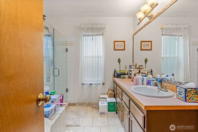 26603 199th Pl SE, Covington, WA 98042 - bathroom featuring a stall shower, vanity, and tile patterned flooring