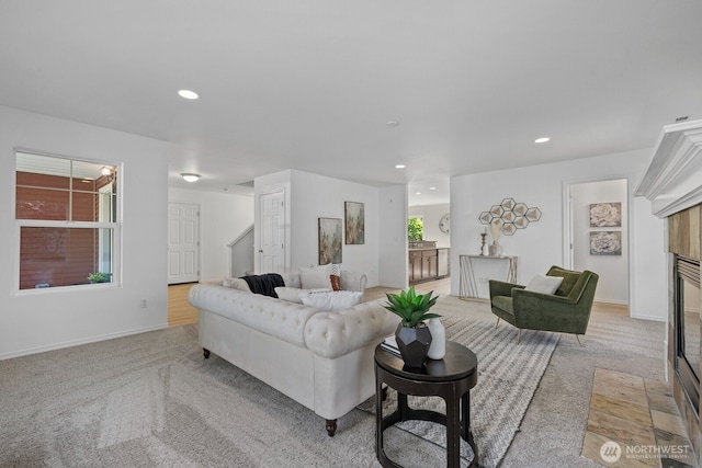 3905 S 337th St, Federal Way, WA 98001 - living area with light carpet, recessed lighting, a tile fireplace, and baseboards