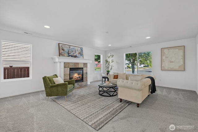 3905 S 337th St, Federal Way, WA 98001 - carpeted living room with a tile fireplace, recessed lighting, and baseboards