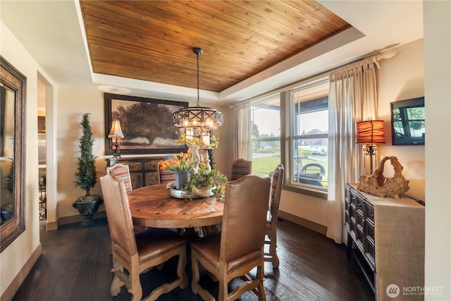 29122 71st Ave E, Graham, WA 98338 - dining area featuring a tray ceiling, baseboards, wooden ceiling, dark wood finished floors, and a chandelier