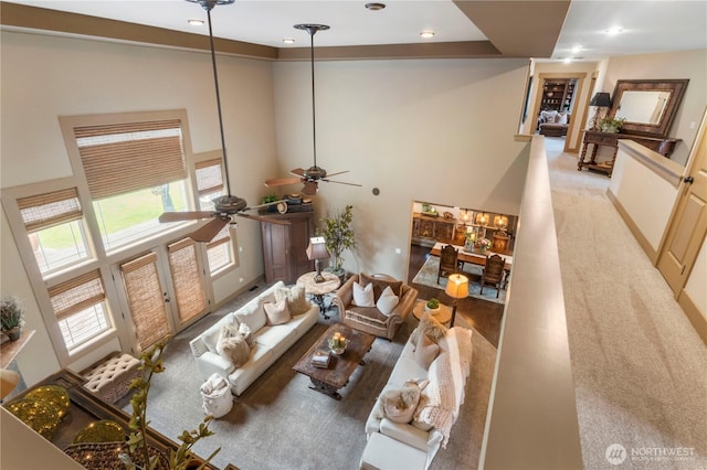 29122 71st Ave E, Graham, WA 98338 - living room featuring a towering ceiling and a ceiling fan
