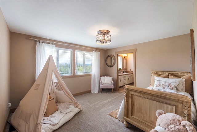 29122 71st Ave E, Graham, WA 98338 - bedroom featuring light carpet, a chandelier, baseboards, and connected bathroom