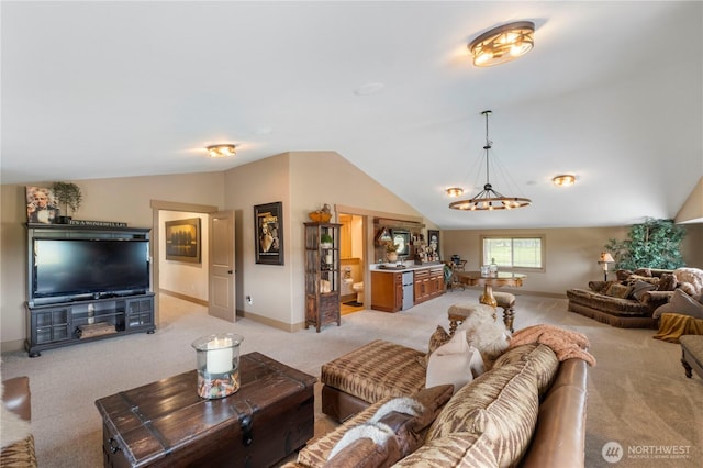 29122 71st Ave E, Graham, WA 98338 - living room with lofted ceiling, light colored carpet, a chandelier, and baseboards