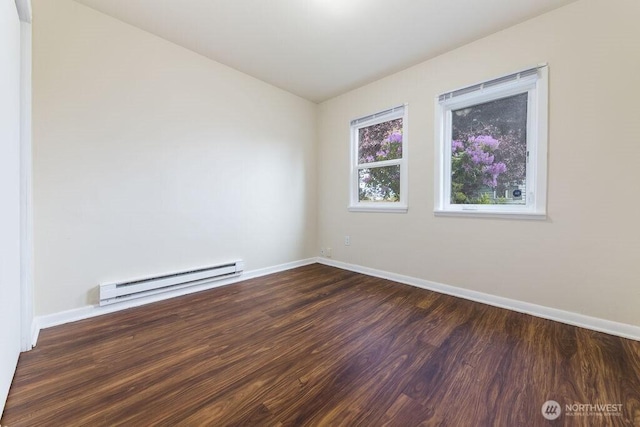 811 E 60th St, Tacoma, WA 98404 - unfurnished room with a baseboard heating unit, baseboards, and dark wood-type flooring