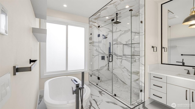 17109 NE 16th Pl, Bellevue, WA 98008 - bathroom featuring a marble finish shower, a soaking tub, marble finish floors, vanity, and recessed lighting