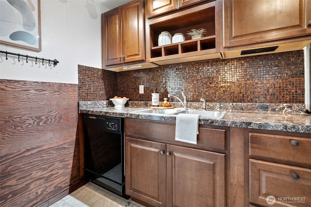 17009 15th Ave E, Spanaway, WA 98387 - kitchen with black dishwasher, dark countertops, a sink, and open shelves