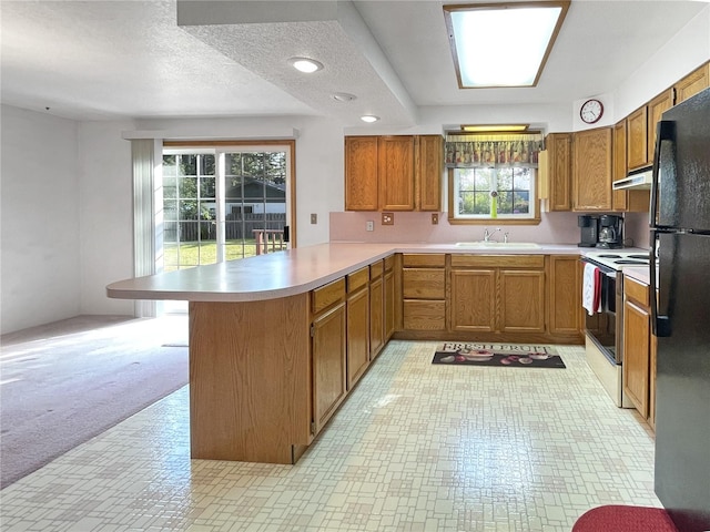 2147 Beverly Blvd, Shelton, WA 98584 - kitchen featuring electric range, a peninsula, freestanding refrigerator, plenty of natural light, and recessed lighting