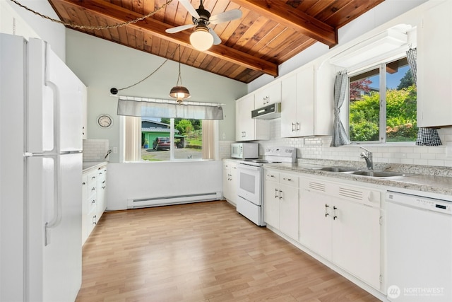 1240 Beach Dr, Camano Island, WA 98282 - kitchen with white appliances, a baseboard heating unit, wood ceiling, a sink, and light countertops