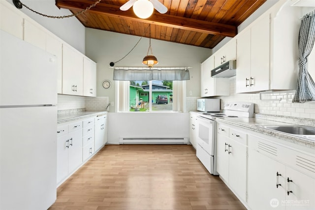 1240 Beach Dr, Camano Island, WA 98282 - kitchen with white appliances, a baseboard heating unit, wooden ceiling, under cabinet range hood, and backsplash