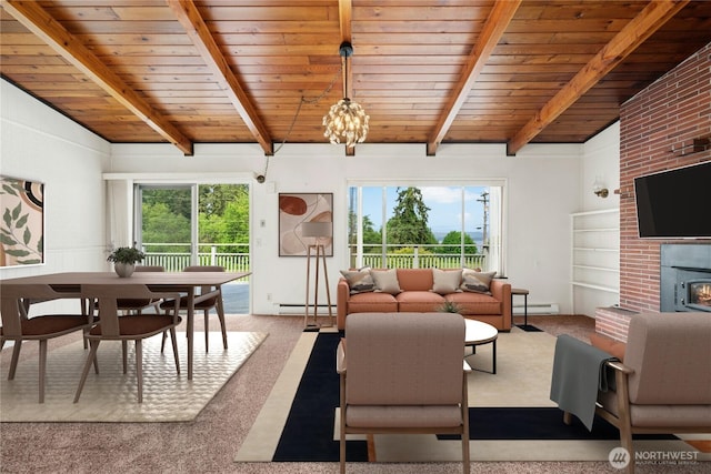 1240 Beach Dr, Camano Island, WA 98282 - living room featuring a baseboard radiator, carpet flooring, a baseboard heating unit, wooden ceiling, and a fireplace