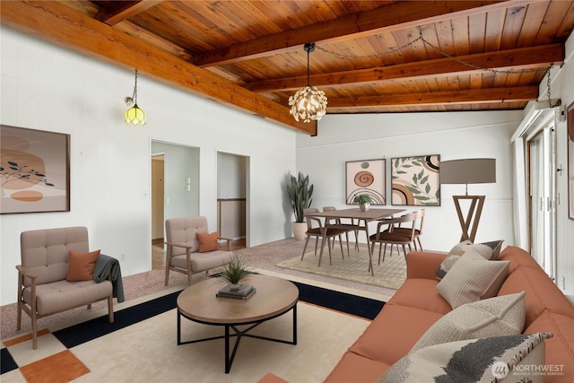 1240 Beach Dr, Camano Island, WA 98282 - living room with wooden ceiling with exposed beams and a chandelier