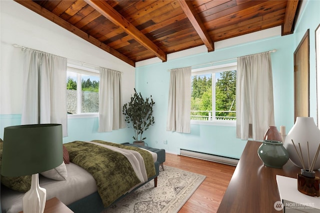 1240 Beach Dr, Camano Island, WA 98282 - bedroom featuring a baseboard radiator, wooden ceiling, multiple windows, and wood finished floors