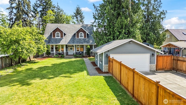 20409 70th St E, Bonney Lake, WA 98391 - view of front of house with covered porch, an outbuilding, a detached garage, stone siding, and roof with shingles