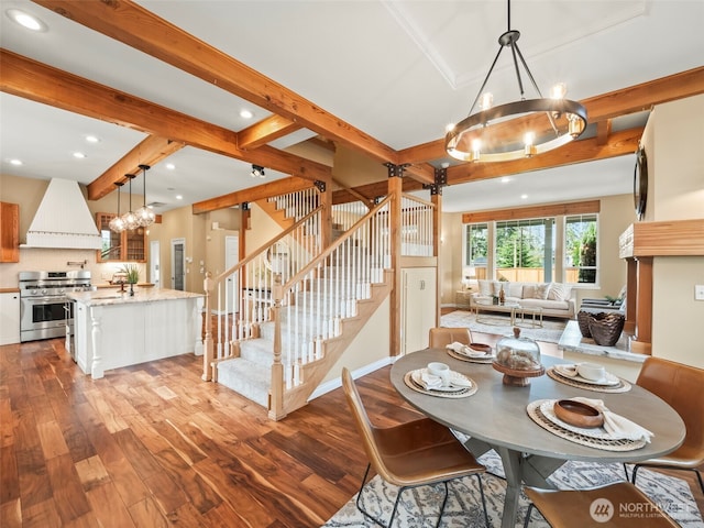 20409 70th St E, Bonney Lake, WA 98391 - dining space with a chandelier, hardwood / wood-style floors, recessed lighting, beam ceiling, and stairway