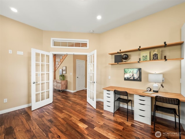 20409 70th St E, Bonney Lake, WA 98391 - office area with french doors, dark wood-type flooring, baseboards, and recessed lighting