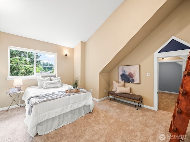 20409 70th St E, Bonney Lake, WA 98391 - bedroom featuring light colored carpet, baseboards, and vaulted ceiling