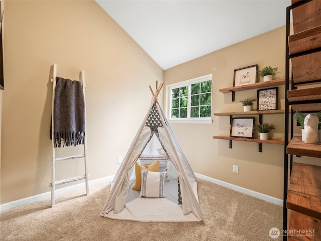 20409 70th St E, Bonney Lake, WA 98391 - rec room featuring carpet floors, baseboards, and lofted ceiling