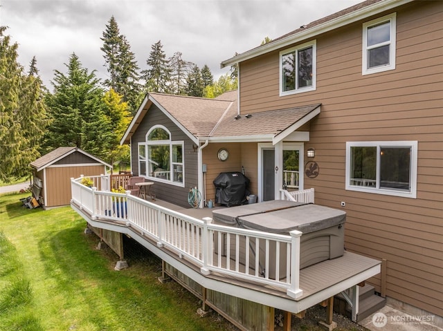 1063 Tamarack Ln, Port Angeles, WA 98362 - rear view of property with a wooden deck, a lawn, roof with shingles, and a hot tub