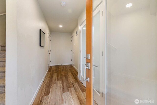 4246 Cameo Ln, Bellingham, WA 98226 - corridor featuring light wood-type flooring, baseboards, stairway, and recessed lighting