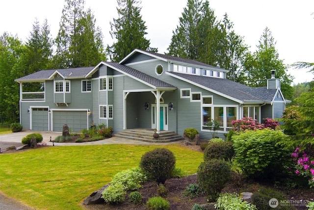 5501 55th St SE, Auburn, WA 98092 - view of front facade with a garage, a chimney, a front yard, and concrete driveway