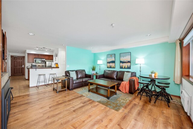 322 W Woodin Ave Unit 632, Chelan, WA 98816 - living area featuring light wood-style floors, radiator heating unit, recessed lighting, and baseboards