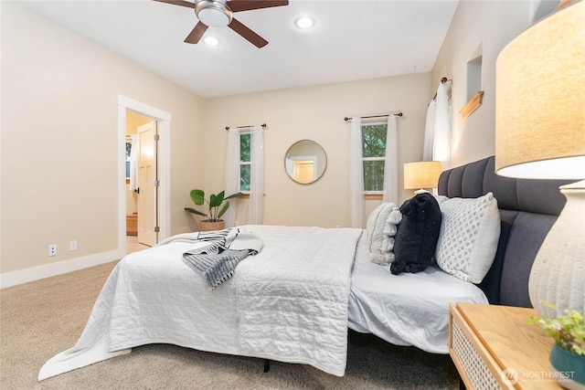 137 Sudden Valley Dr, Bellingham, WA 98229 - bedroom featuring recessed lighting, carpet, a ceiling fan, baseboards, and connected bathroom