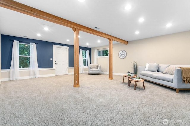 137 Sudden Valley Dr, Bellingham, WA 98229 - living room with beam ceiling, recessed lighting, carpet, and healthy amount of natural light