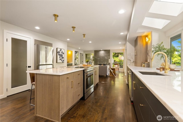 18510 NE 15th Pl, Bellevue, WA 98008 - kitchen with stainless steel appliances, a sink, modern cabinets, a skylight, and light countertops