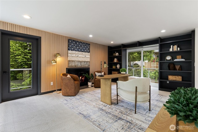 18510 NE 15th Pl, Bellevue, WA 98008 - living room with plenty of natural light, a large fireplace, recessed lighting, and built in shelves