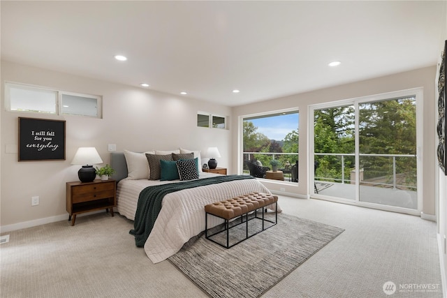18510 NE 15th Pl, Bellevue, WA 98008 - bedroom with light carpet, access to outside, baseboards, and recessed lighting