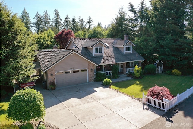 22015 SE 244th Pl, Maple Valley, WA 98038 - cape cod house with covered porch, driveway, an attached garage, and a chimney